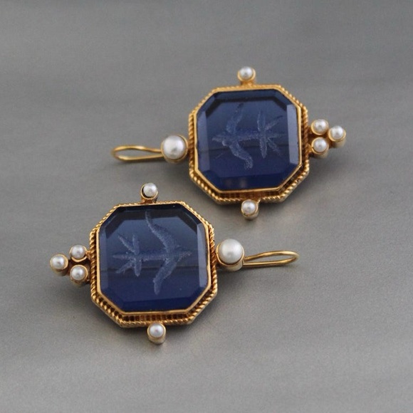 Anthropologie Blue and Gold Earrings with Pearl Accents - Picture 2 of 5